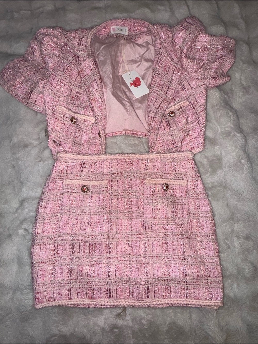 L'ATISTE Pink Tweed women Jacket & Skirt Set